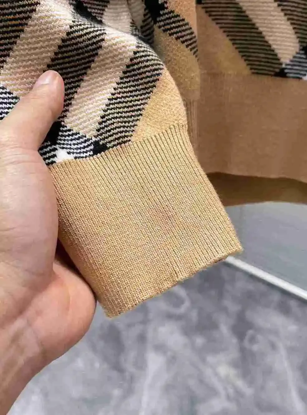 Burberry Beige Argyle Check Crew Neck Knit Sweater